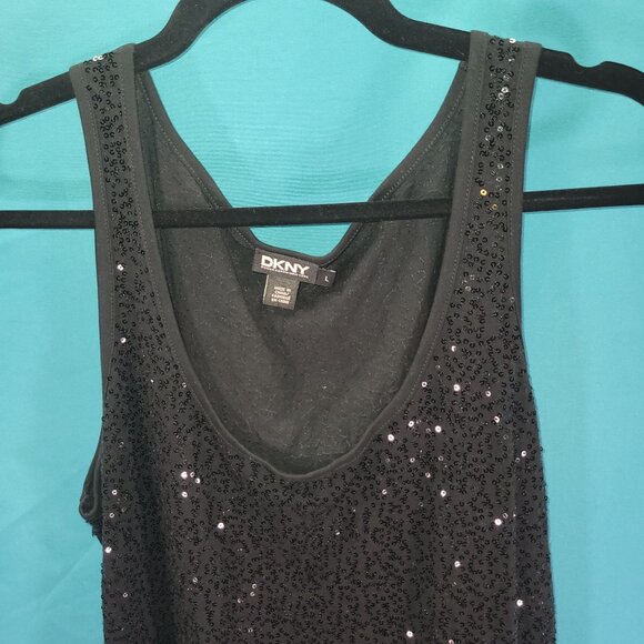 DKNY Womens Sequined Black Tank Top L 100% Cotton Shimmering Sleeveless Blouse - Picture 2 of 7